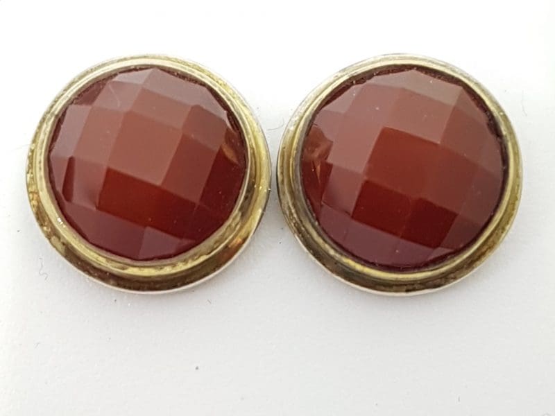 Sterling Silver Round Stud Earrings - Carnelian - With Gold Plated Rim