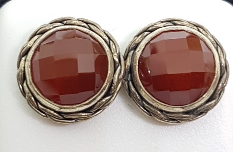 Sterling Silver Round Stud Earrings - Carnelian - Twist Rim