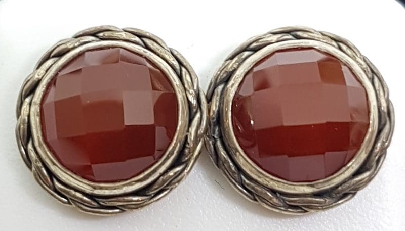 Sterling Silver Round Stud Earrings - Carnelian - Twist Rim