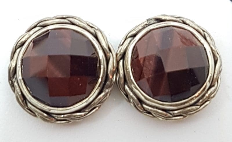 Sterling Silver Round Stud Earrings - Red Tiger Eye - Twist Rim