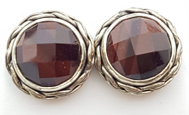 Sterling Silver Round Stud Earrings - Red Tiger Eye - Twist Rim