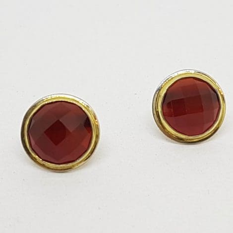 Sterling Silver Round Stud Earrings - Carnelian - With Gold Plated Rim
