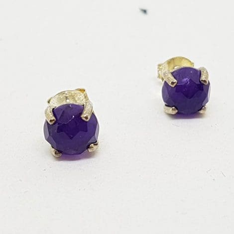 Sterling Silver Round Stud Earrings - Faceted Amethyst