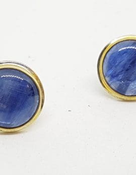 Sterling Silver Round Stud Earrings - Kyanite - With Gold Plated Rim