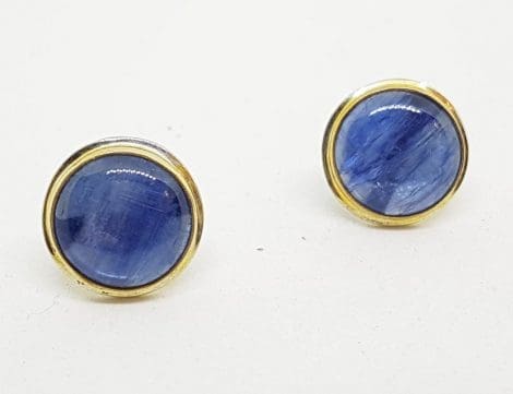 Sterling Silver Round Stud Earrings - Kyanite - With Gold Plated Rim