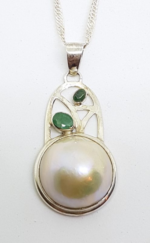 Sterling Silver Ornate Emerald & Mabe Pearl Pendant on Sterling Silver Chain