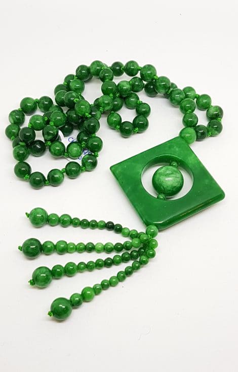 Burmese Jade Bead Necklace with Square Tassel Drop
