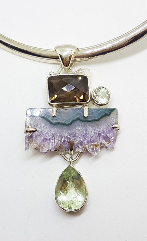 Sterling Silver Large Amethyst Crystal Slice, Green Amethyst, Clear Crystal Quartz and Smokey Quartz Pendant on Sterling Silver Choker