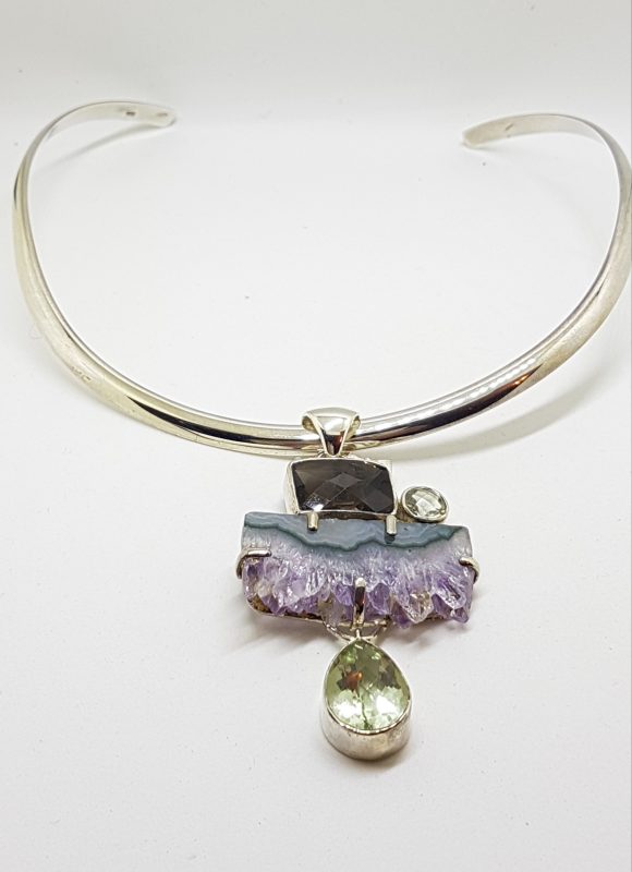 Sterling Silver Large Amethyst Crystal Slice, Green Amethyst, Clear Crystal Quartz and Smokey Quartz Pendant on Sterling Silver Choker