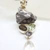 Sterling Silver Large Meteorite with Green Amethyst, Smokey Quartz and Clear Crystal Quartz Long Pendant on Sterling Silver Chain