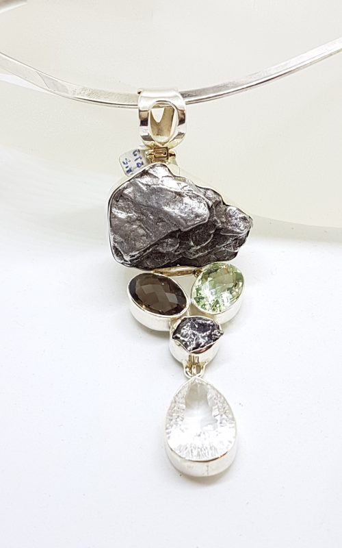20200504_070200 Sterling Silver Large Meteorite with Green Amethyst, Smokey Quartz and Clear Crystal Quartz Long Pendant on Sterling Silver Chain