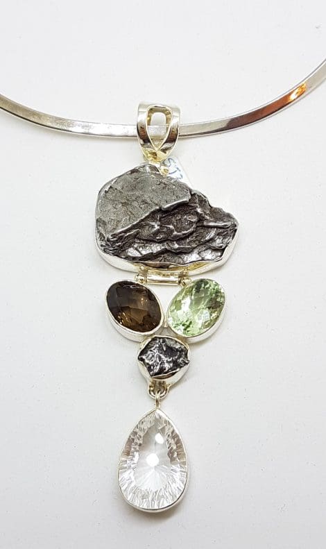 Sterling Silver Large Meteorite with Green Amethyst, Smokey Quartz and Clear Crystal Quartz Long Pendant on Sterling Silver Chain