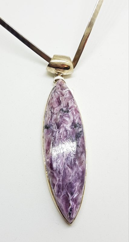 Sterling Silver Long Charoite Pendant on Sterling Silver V Shape Choker