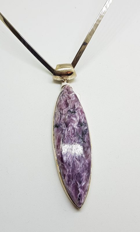 Sterling Silver Long Charoite Pendant on Sterling Silver V Shape Choker