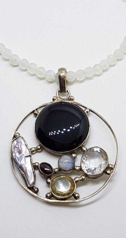 Sterling Silver Large Round Cluster Pendant with Onyx, Clear Quartz, Pearl, Moonstone, Garnet and Citrine on Rose Quartz Bead Necklace