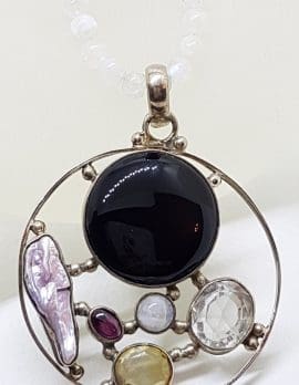 Sterling Silver Large Round Cluster Pendant with Onyx, Clear Quartz, Pearl, Moonstone, Garnet and Citrine on Rose Quartz Bead Necklace