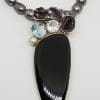 Sterling Silver Large Onyx, Meteorite, Topaz, Druzy, Pearl and Clear Quartz Pendant on Grey / Silver Pearl Necklace