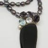 Sterling Silver Large Onyx, Meteorite, Topaz, Druzy, Pearl and Clear Quartz Pendant on Grey / Silver Pearl Necklace