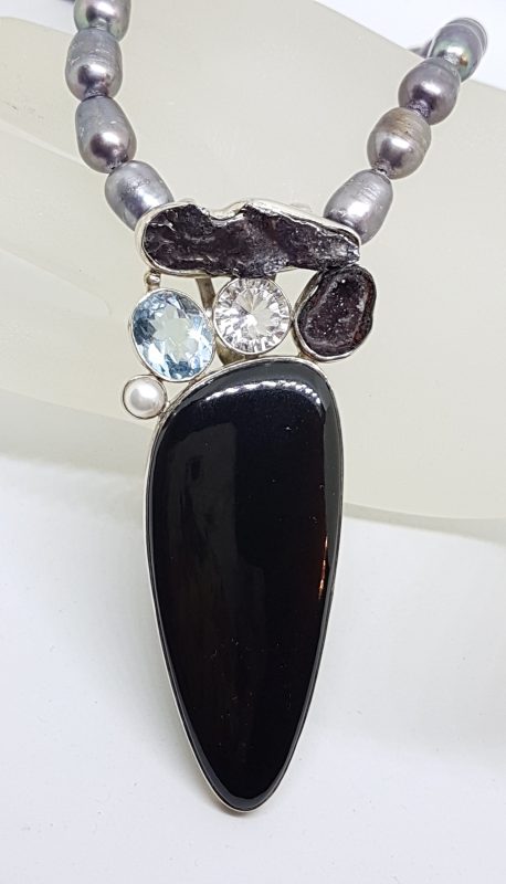 20200504_070915 Sterling Silver Large Onyx, Meteorite, Topaz, Druzy, Pearl and Clear Quartz Pendant on Grey / Silver Pearl Necklace