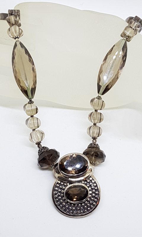 Sterling Silver Large Stunning Smokey Quartz Bead Necklace