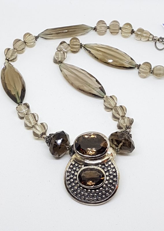 Sterling Silver Large Stunning Smokey Quartz Bead Necklace