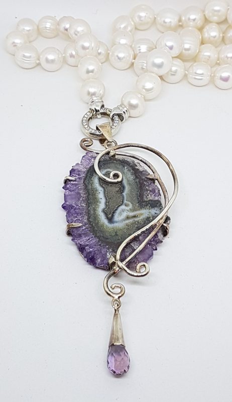 20200504_071038 Sterling Silver Very Large Spectacular Amethyst Slice Ornate Pendant on Pearl Necklace