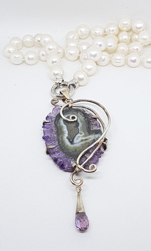 20200504_071115 Sterling Silver Very Large Spectacular Amethyst Slice Ornate Pendant on Pearl Necklace