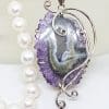 Sterling Silver Very Large Spectacular Amethyst Slice Ornate Pendant on Pearl Necklace