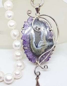 Sterling Silver Very Large Spectacular Amethyst Slice Ornate Pendant on Pearl Necklace