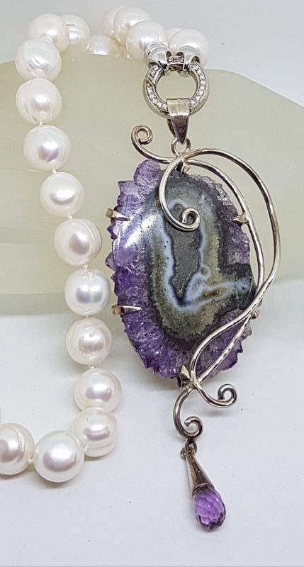 20200504_071156 Sterling Silver Very Large Spectacular Amethyst Slice Ornate Pendant on Pearl Necklace