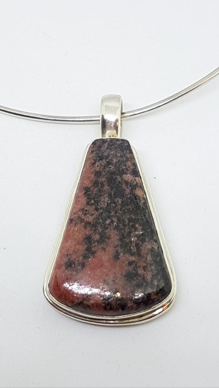 Sterling Silver Large Rhodonite Pendant on Sterling Silver Choker Necklace
