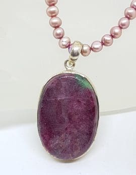 Sterling Silver Large Oval Ruby Zoisite Pendant on Pink Pearl Necklace