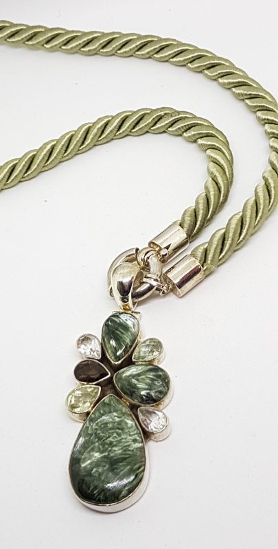 Sterling Silver Large Seraphinite, Green Amethyst, Smokey Quartz, Clear Quartz and Lemon Citrine Pendant on Long Green Cord Necklace