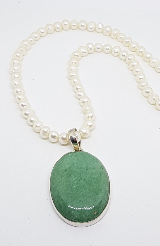 20200504_071428 Sterling Silver Large Oval Jade Pendant on Pearl Necklace