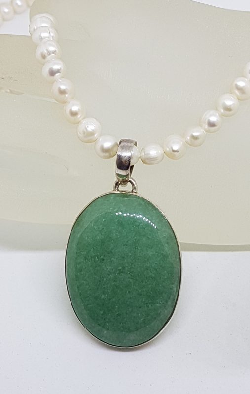 20200504_071454 Sterling Silver Large Oval Jade Pendant on Pearl Necklace