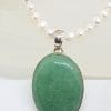 Sterling Silver Large Oval Jade Pendant on Pearl Necklace