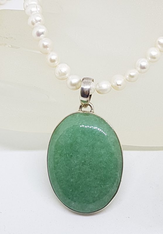 20200504_071520 Sterling Silver Large Oval Jade Pendant on Pearl Necklace