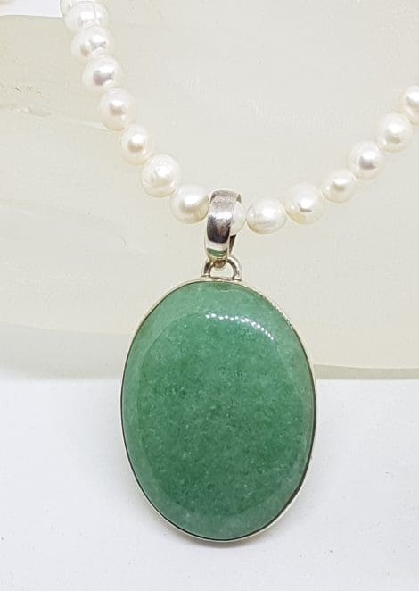 Sterling Silver Large Oval Jade Pendant on Pearl Necklace