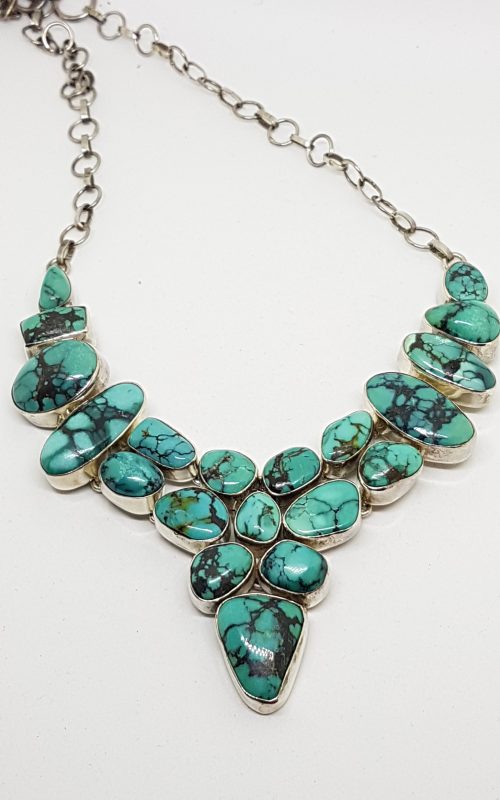 20200504_071639 Sterling Silver Stunning Large Turquoise Cluster Collier Necklace