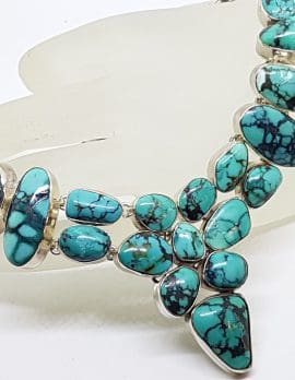 Sterling Silver Stunning Large Turquoise Cluster Collier Necklace