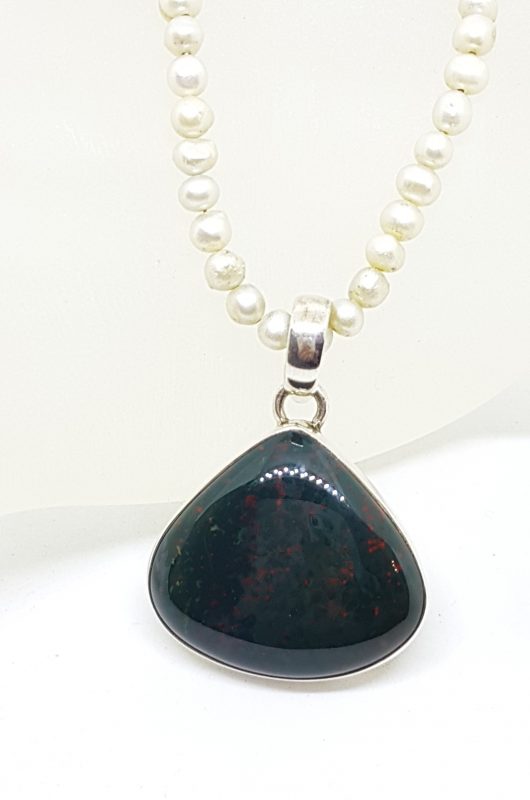 Sterling Silver Large Teardrop Shape Bloodstone Pendant on Pearl Necklace