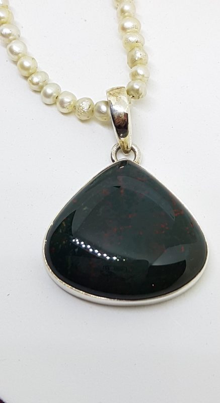 Sterling Silver Large Teardrop Shape Bloodstone Pendant on Pearl Necklace