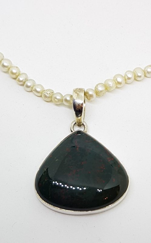 Sterling Silver Large Teardrop Shape Bloodstone Pendant on Pearl Necklace