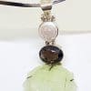 Sterling Silver Large Carved Jade Flower with Smokey Quartz and Pearl Pendant on Silver Choker Chain Necklace