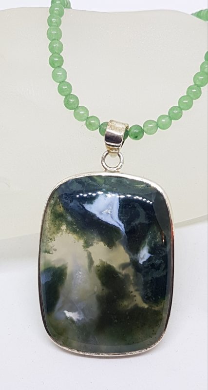 Sterling Silver Large Green Agate Rectangular Pendant on Green Onyx Bead Necklace