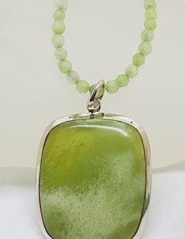 Sterling Silver Large Green Agate Rectangular Pendant on Green Onyx Bead Necklace