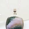 Sterling Silver Large Square Agate Pendant on Rose Quartz Bead Necklace