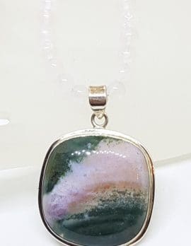 Sterling Silver Large Square Agate Pendant on Rose Quartz Bead Necklace