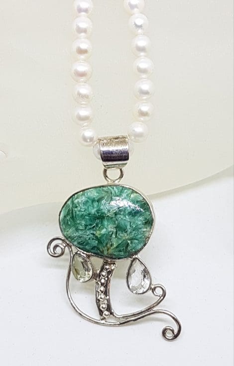 Sterling Silver Large Ornate Turquoise, Green Amethyst and Clear Quartz Pendant on Pearl Bead Necklace