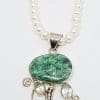 Sterling Silver Large Ornate Turquoise, Green Amethyst and Clear Quartz Pendant on Pearl Bead Necklace
